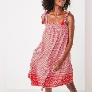 OLD NAVY Smocked Embroidered Tiered Red White Gingham Plaid Mini Dress w Pockets